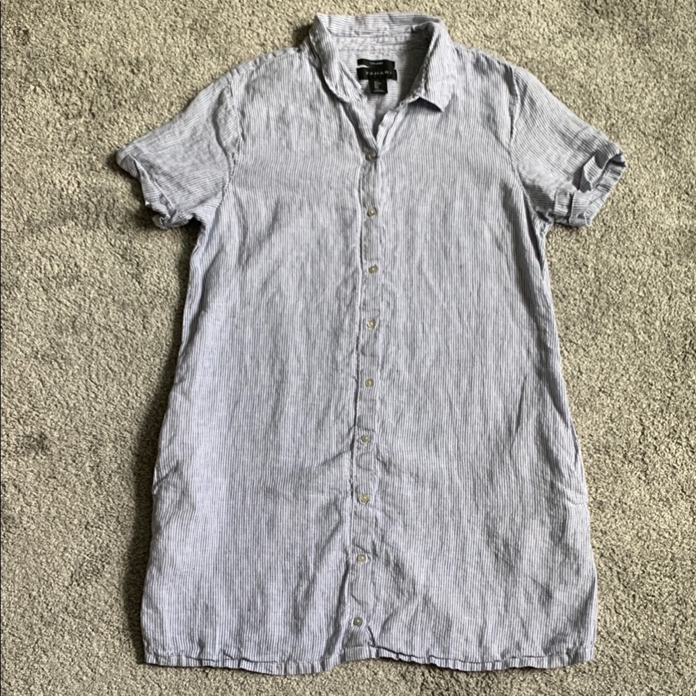 Tahari blue white striped women’s 100%linen shirt dress size large pockets